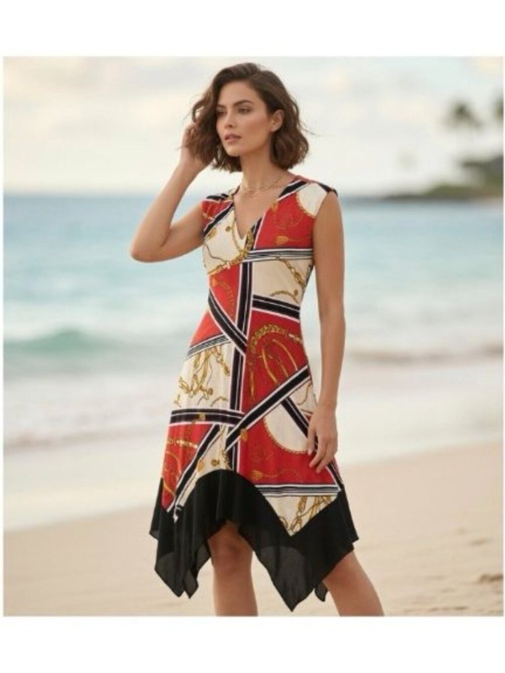 Womens Asymmetrical Dress Baroque Chain Print Vneck Bohochic Beach Feminine S 10